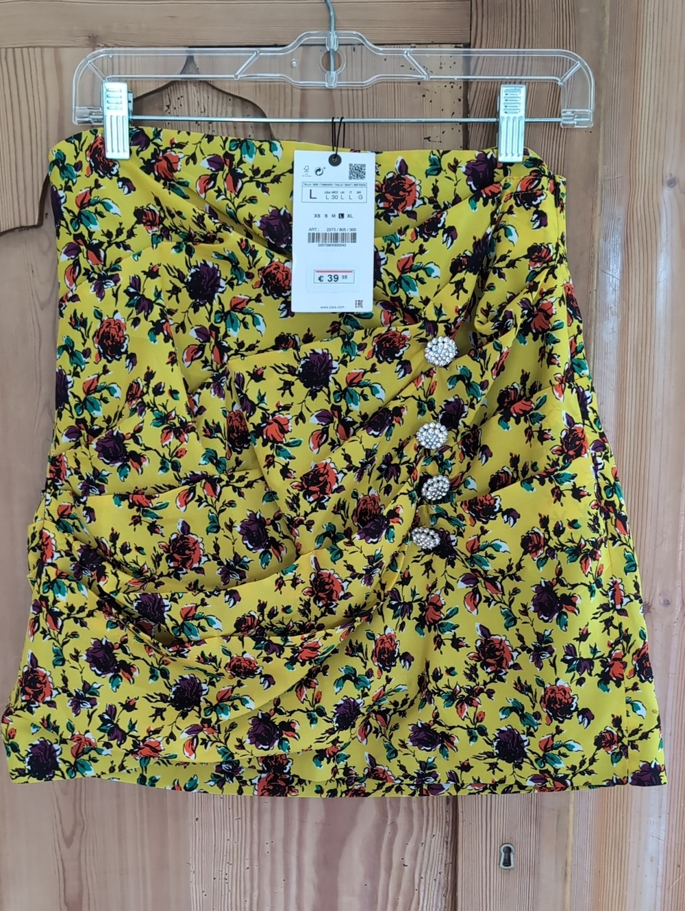 Zara Yellow Floral Faux-Wrap Mini Skirt with Rhinestone Buttons